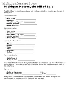 Fillable  Motorcycle Bill of Sale Form for Michigan