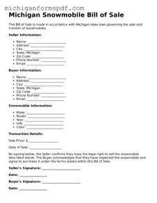 Fillable Snowmobile Bill of Sale Form for Michigan