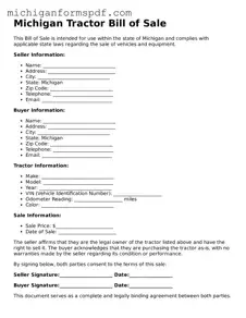 Fillable  Tractor Bill of Sale Form for Michigan