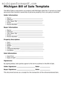 Fillable  Bill of Sale Form for Michigan
