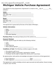 Fillable  Vehicle Purchase Agreement Form for Michigan