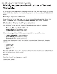 Fillable  Homeschool Letter of Intent Form for Michigan