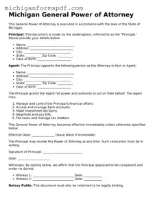 Fillable  General Power of Attorney Form for Michigan