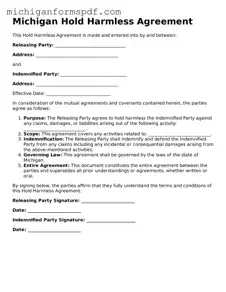 Fillable  Hold Harmless Agreement Form for Michigan