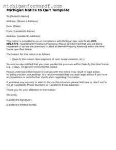 Fillable  Notice to Quit Form for Michigan