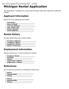 Fillable  Rental Application Form for Michigan