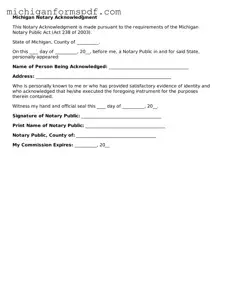 Fillable  Notary Acknowledgement Form for Michigan