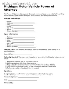 Fillable  Motor Vehicle Power of Attorney Form for Michigan